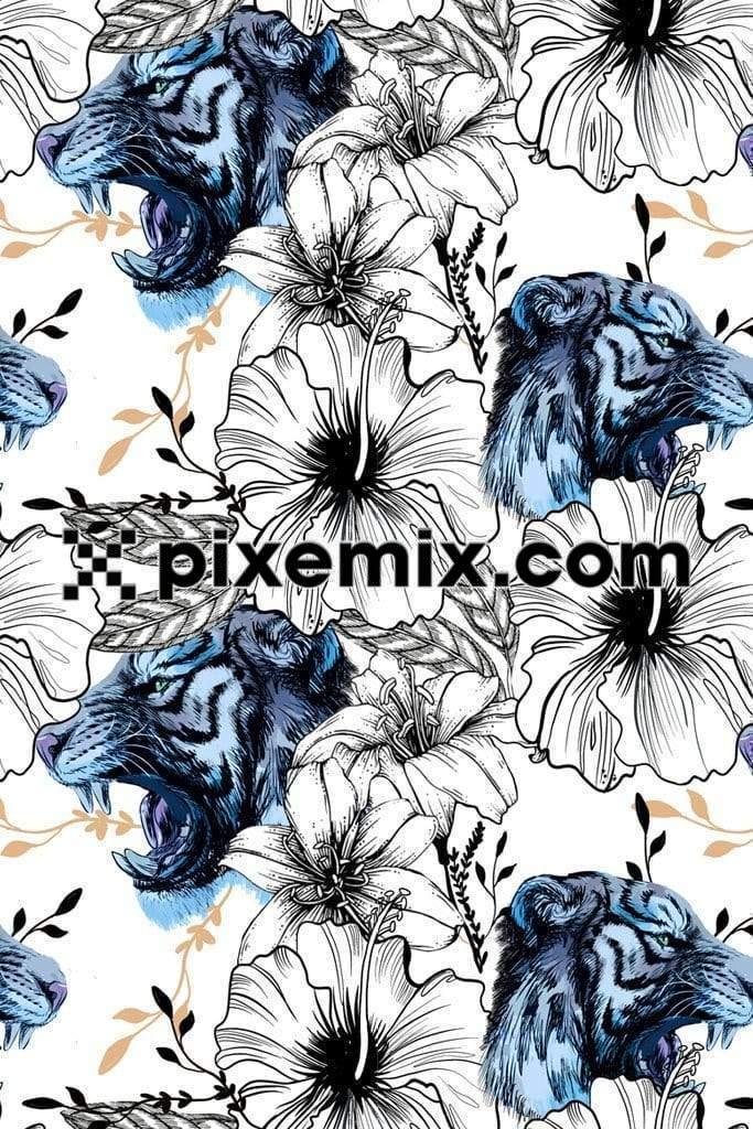 Tropical flowers and leaves with wild animal product graphic with seamless repeat pattern