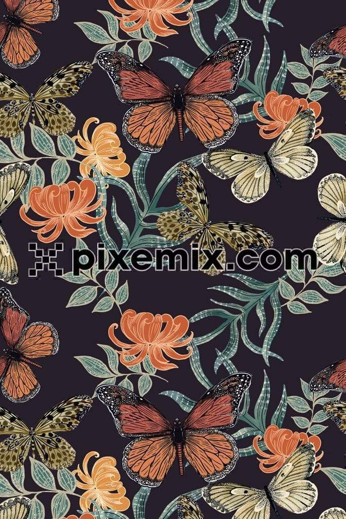 Butterflies and flowers product graphic with seamless repeat pattern