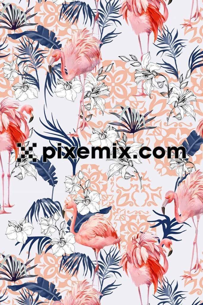 Morocco art inspired pink flamingo brid and florals product graphic with seamless repeat pattern