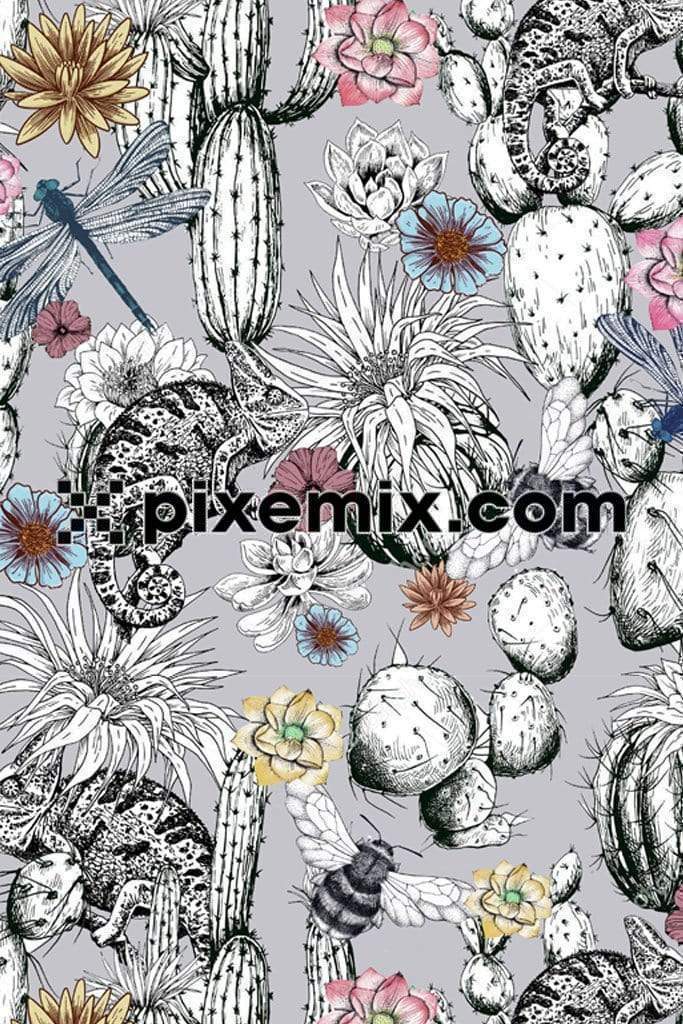 Reptiles and desert plants product graphic with seamless repeat pattern