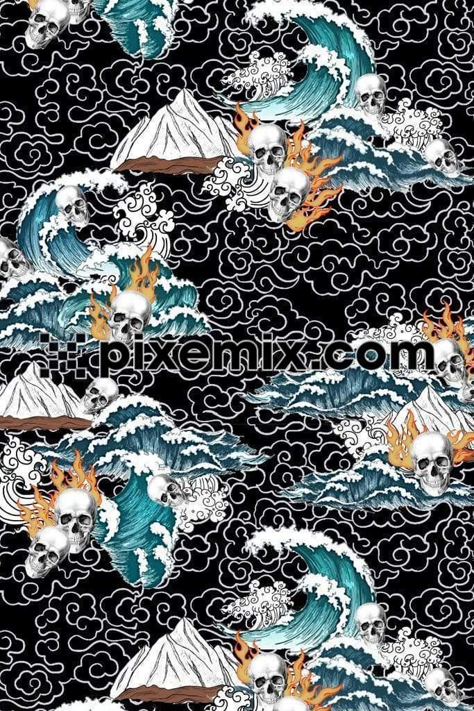skull fire & cloud surreal art product graphic with seamless repeat pattern