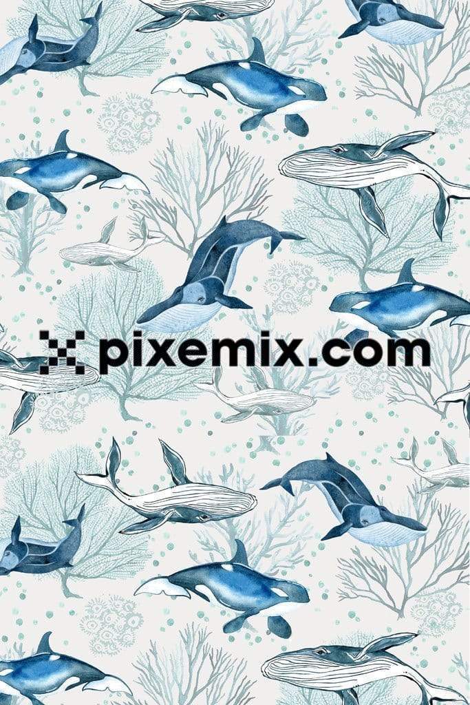 Whales under the marine water prodcut graphic with seamless repeat pattern