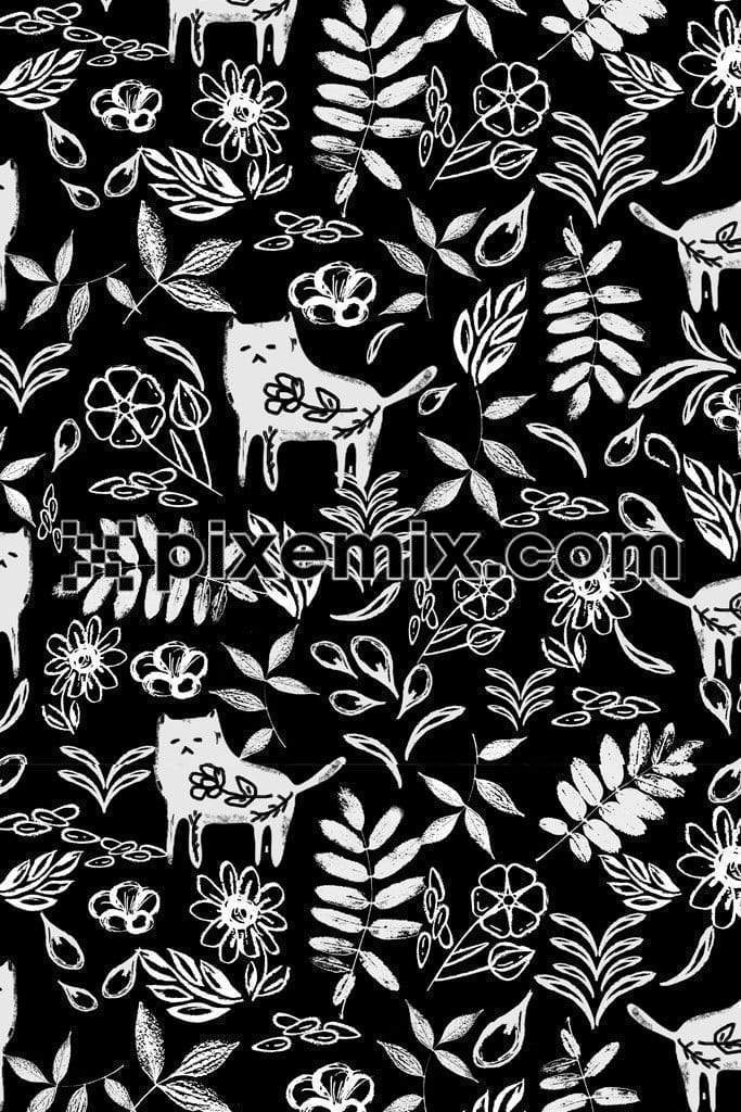 Doddled flowers and animals product graphic with seamless repeat pattern