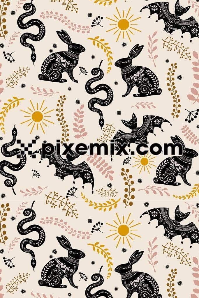 Rabbits, snakes and bats surrounded with leaves product graphic seamless repeat pattern