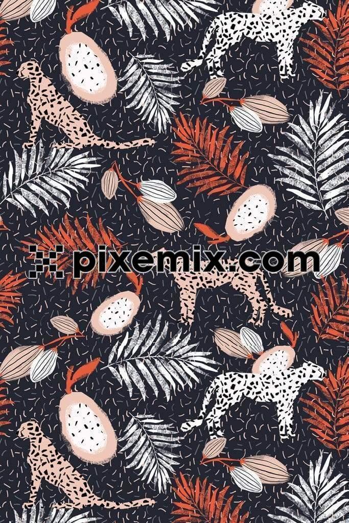 Cheetah and leopard around exotic tropical leaves product graphic with seamless repeat pattern