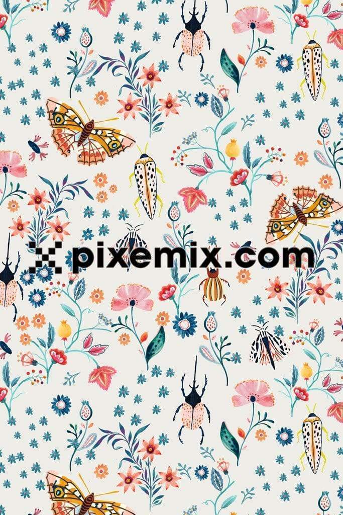 Colourful insects nad flowers product graphic with seamless repeat pattern