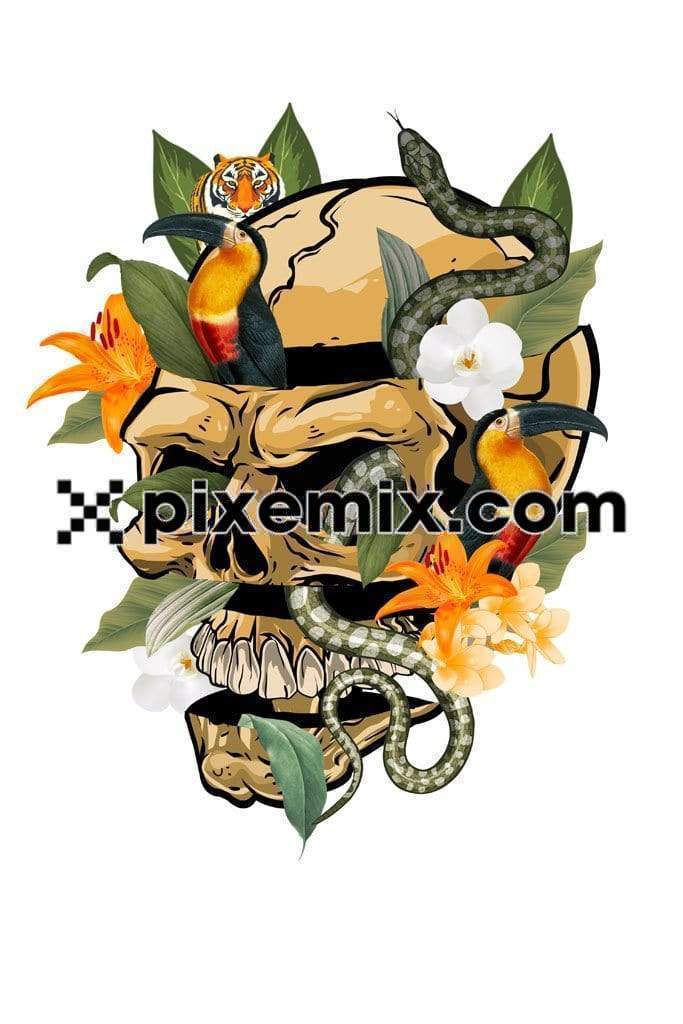 Skull in tropical birds and animals with product graphic