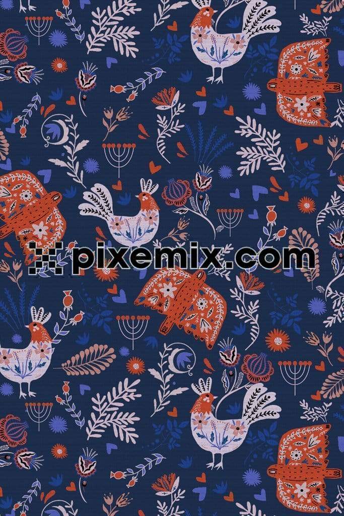 Scandinavian folk art product graphic with seamless repeat pattern