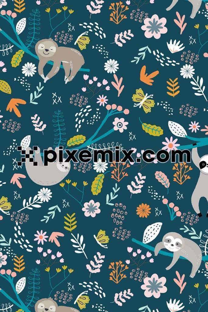 Cartoon sloths in jungle product graphic with seamless repeat pattern