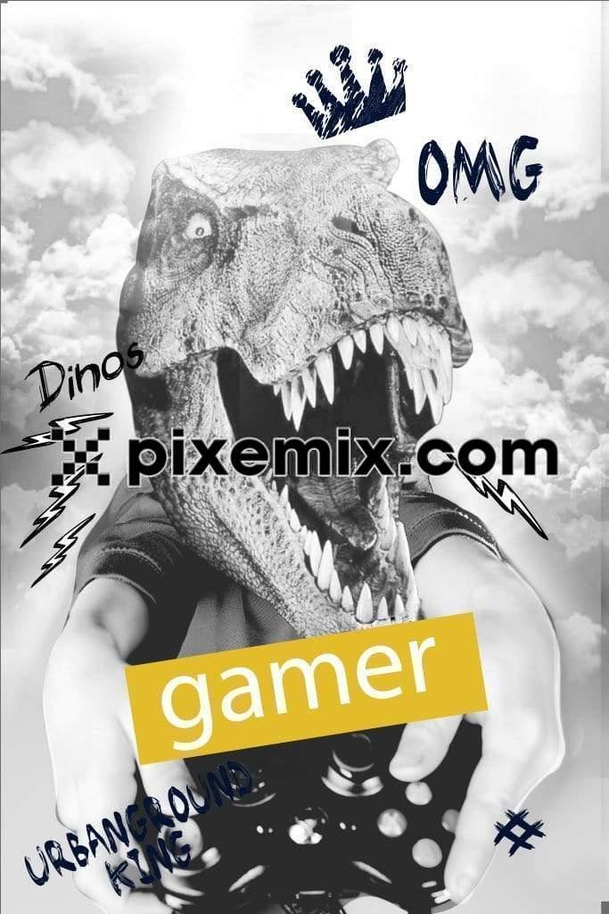 Dinosaur holding gaming controller product graphic
