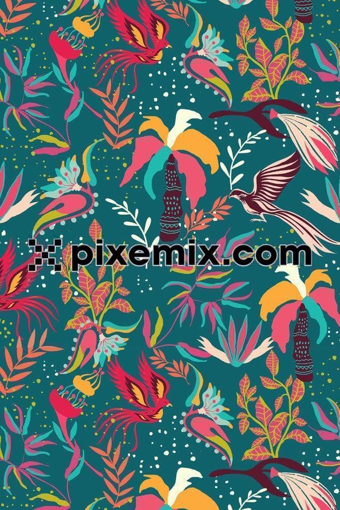 Abstracts multicolored birds and leaves product graphic with seamless repeat pattern