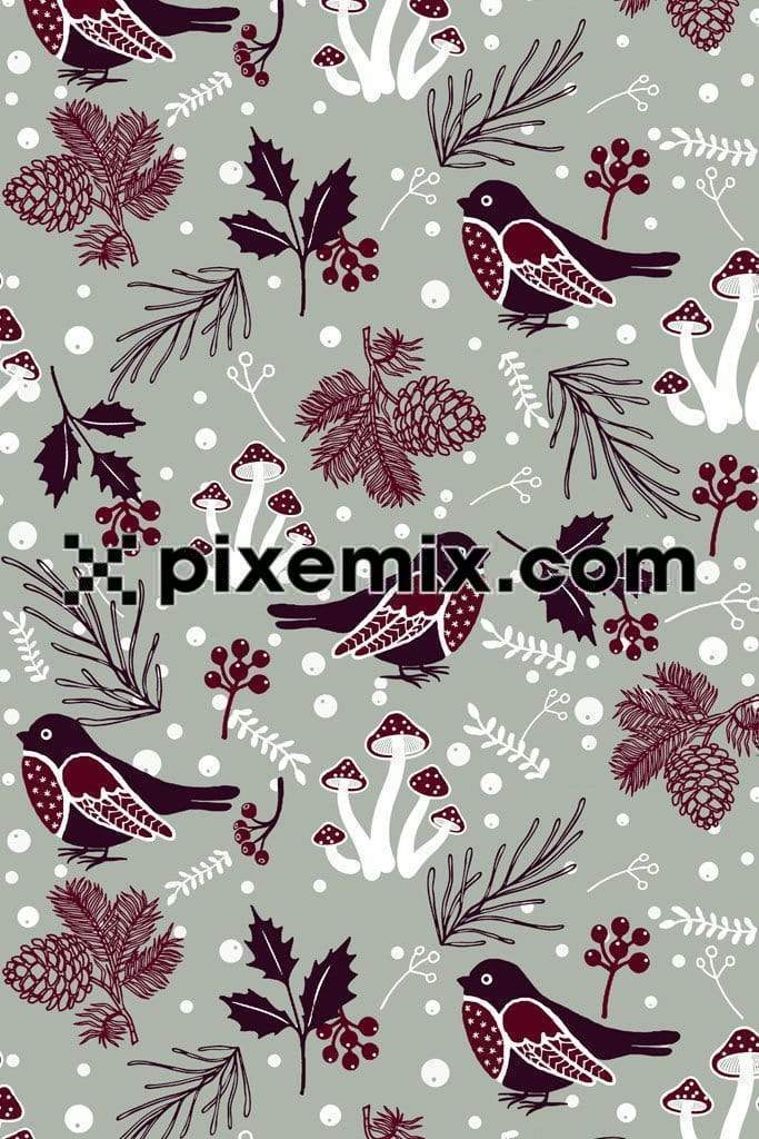 Birds surrounded with mushrooms and leaves product graphic with seamless repeat pattern