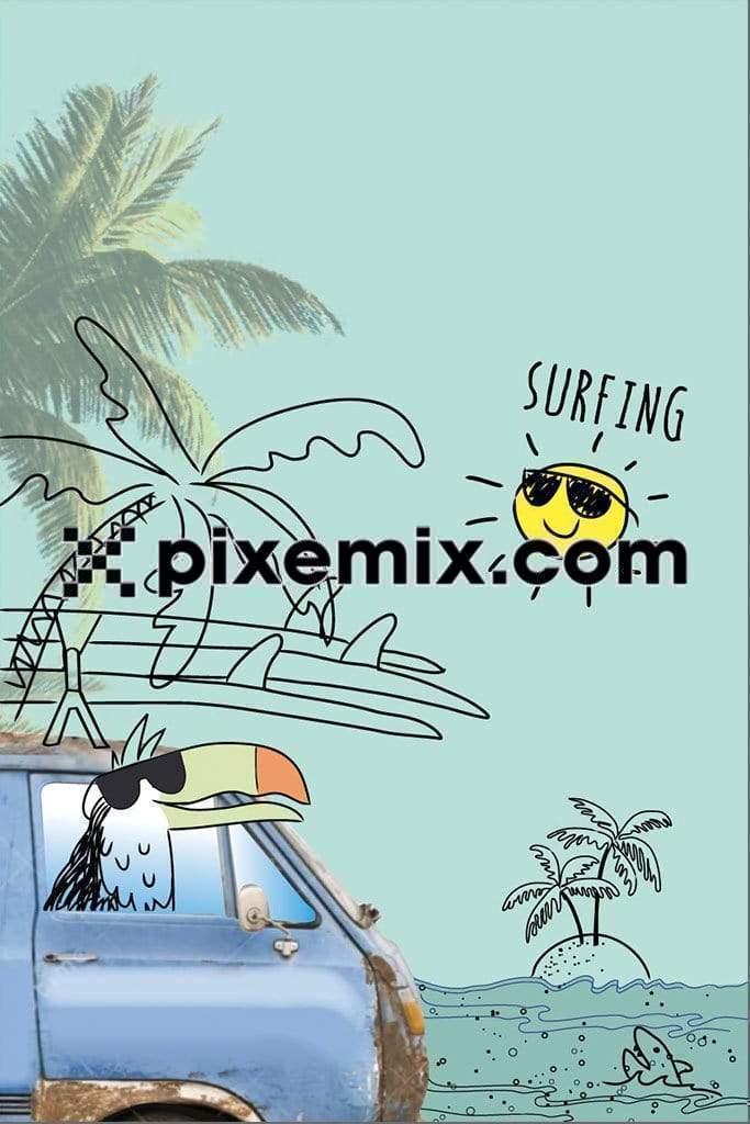 Beach vibes surfing and sun product graphic