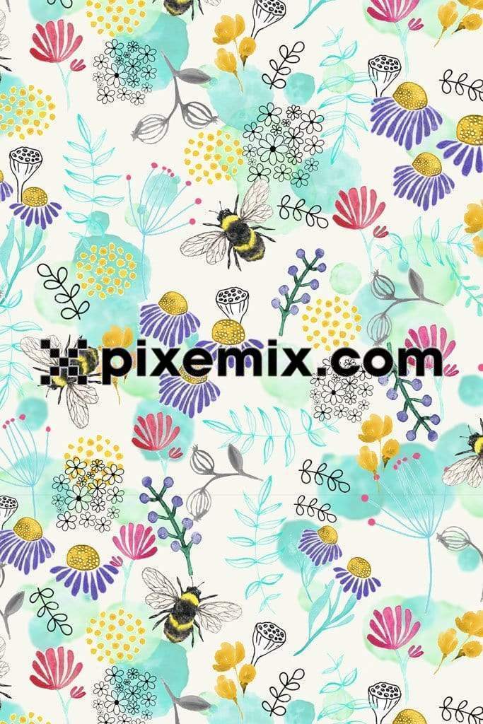 Bees, flowers and leaves product graphic with seamless repeat pattern