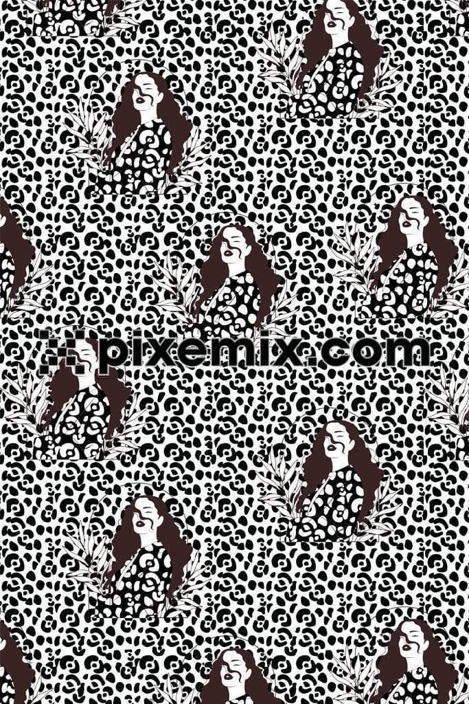 Camouflage inspired leopard print & girl face product graphic with seamless repeat pattern