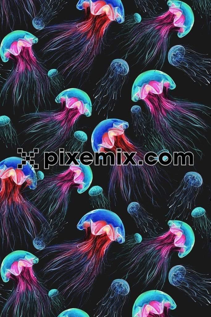 colourful jellyfish uderwater product graphic with seamless repeat pattern