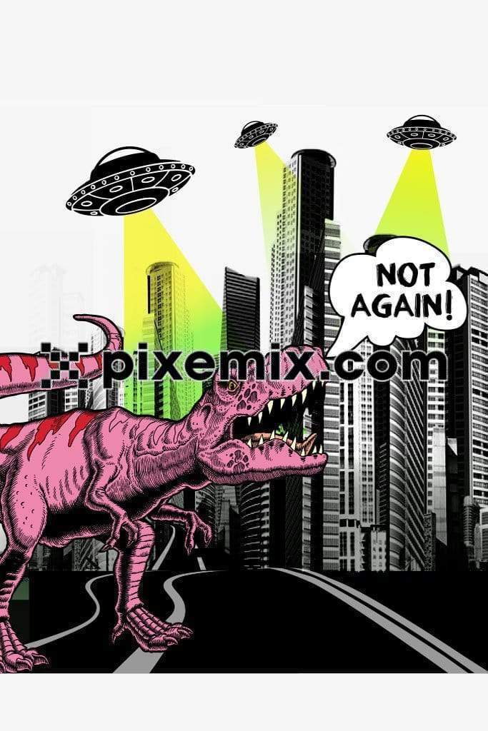 Cartoon inspired dinosaur & UFO around city product graphic