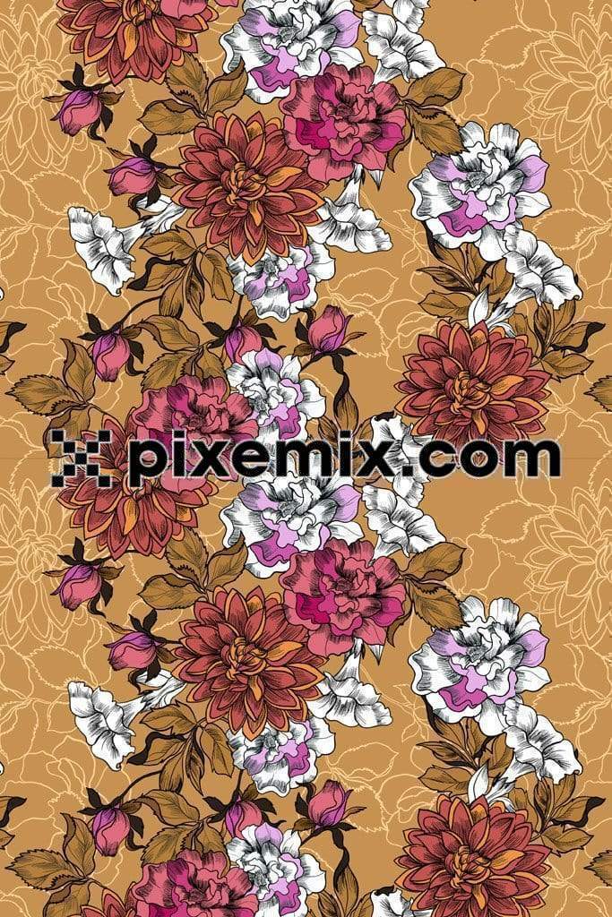 Sketchy floral art product graphic with seamless repeat pattern