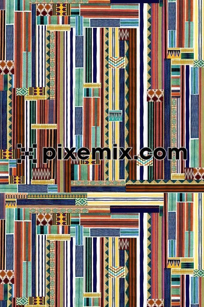 Tribal inspired colorful geometric lines and shapes product graphic with seamless repeat pattern
