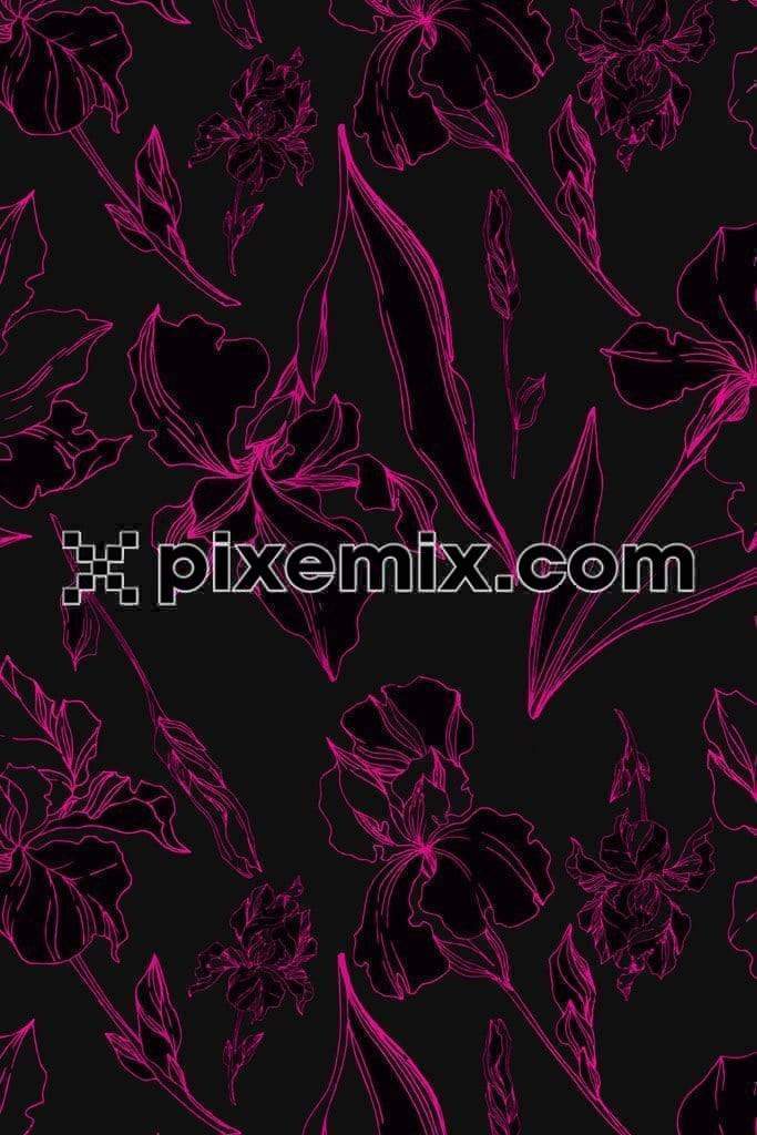Neon outlined floral art product graphic with seamless repeat pattern