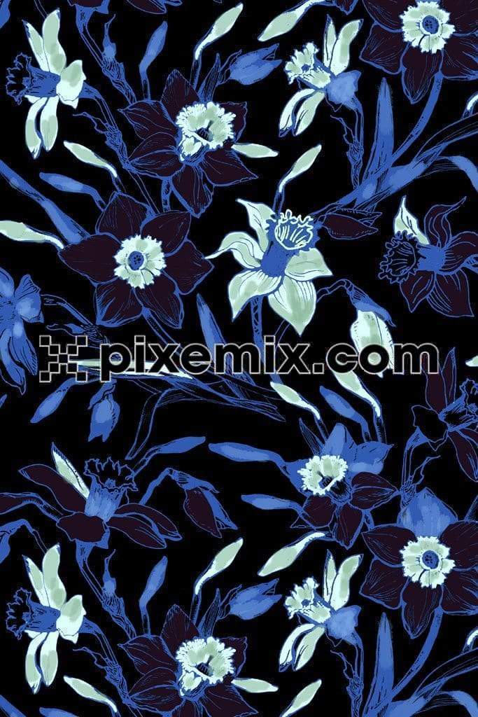Water blue floral art product graphic with seamless repeat pattern