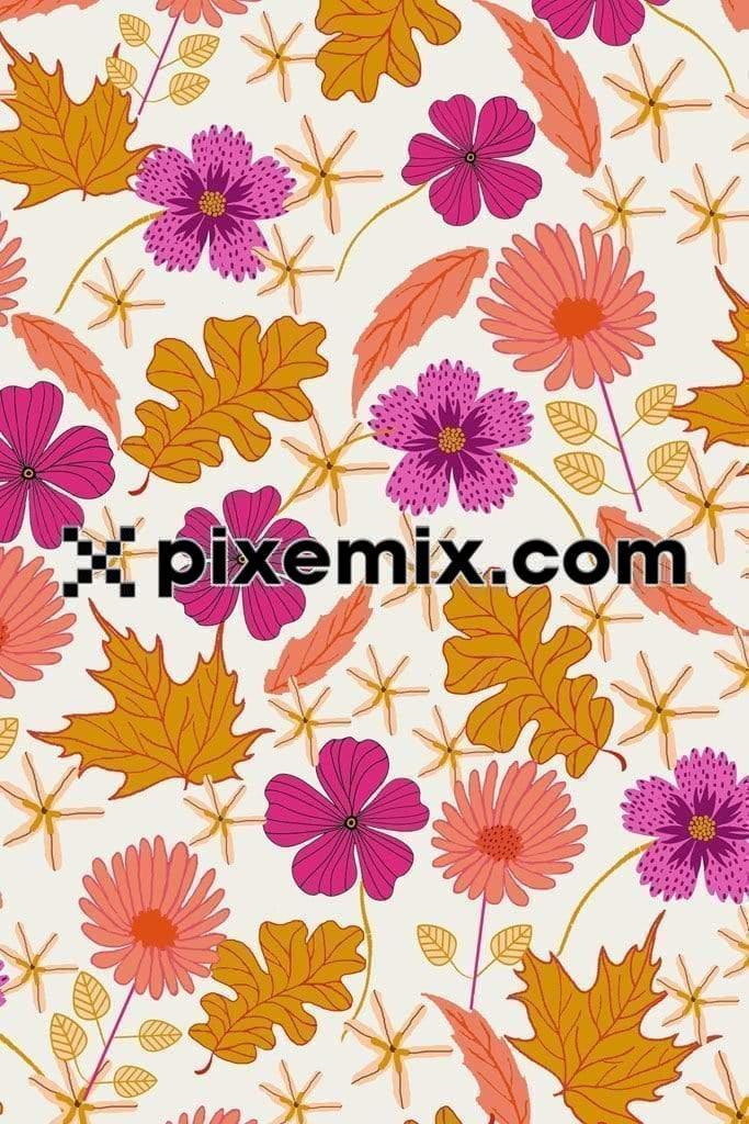 Colorful florals and leaves art product graphic with seamless repeat pattern