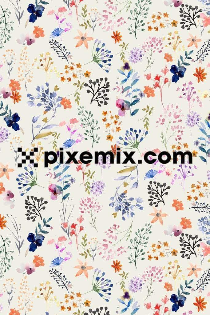 Colorful watercolor tiny floral art product graphic with seamless repeat pattern