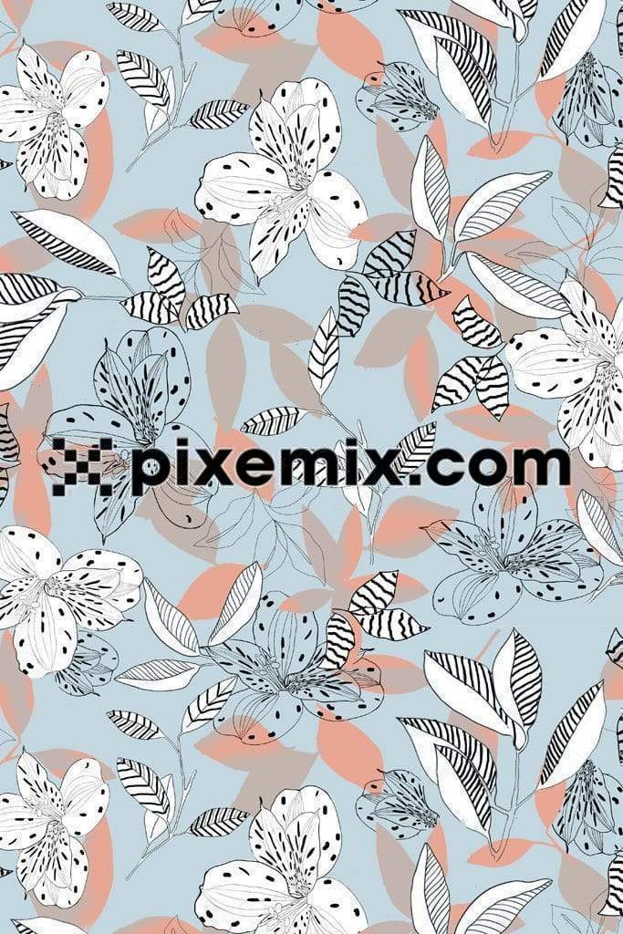 Lineart florals and leaves product graphic with seamless repeat pattern