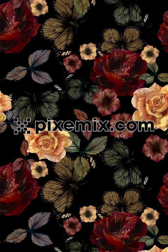 Vintage dark floral art and butterfly product graphic with seamless repeat pattern