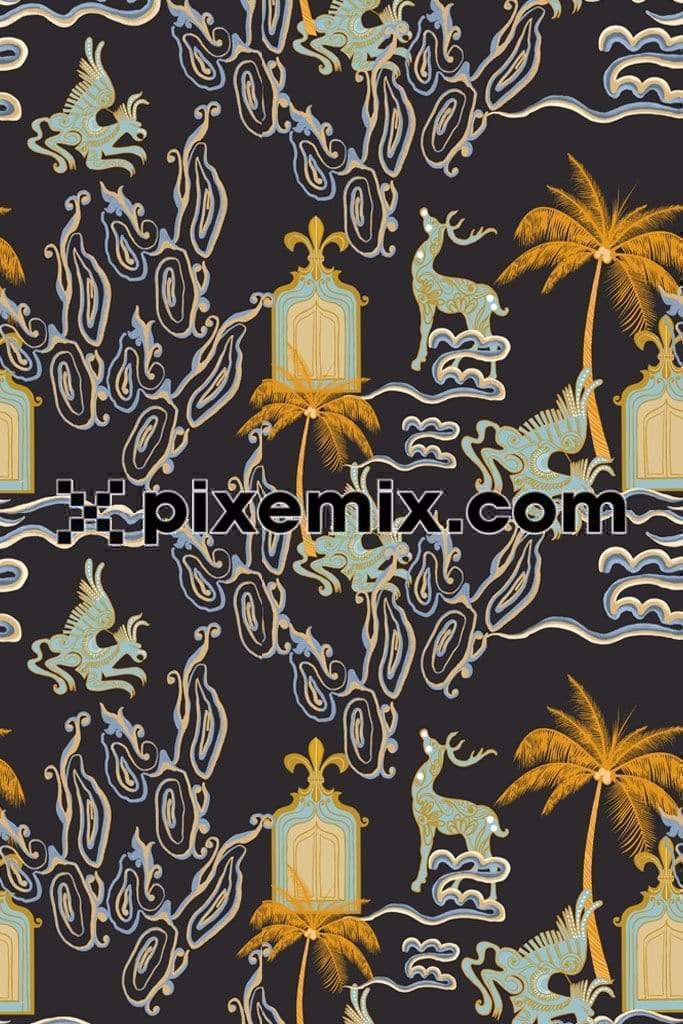 Palm tree and animals intricate abstract art product graphic with seamless repeat pattern