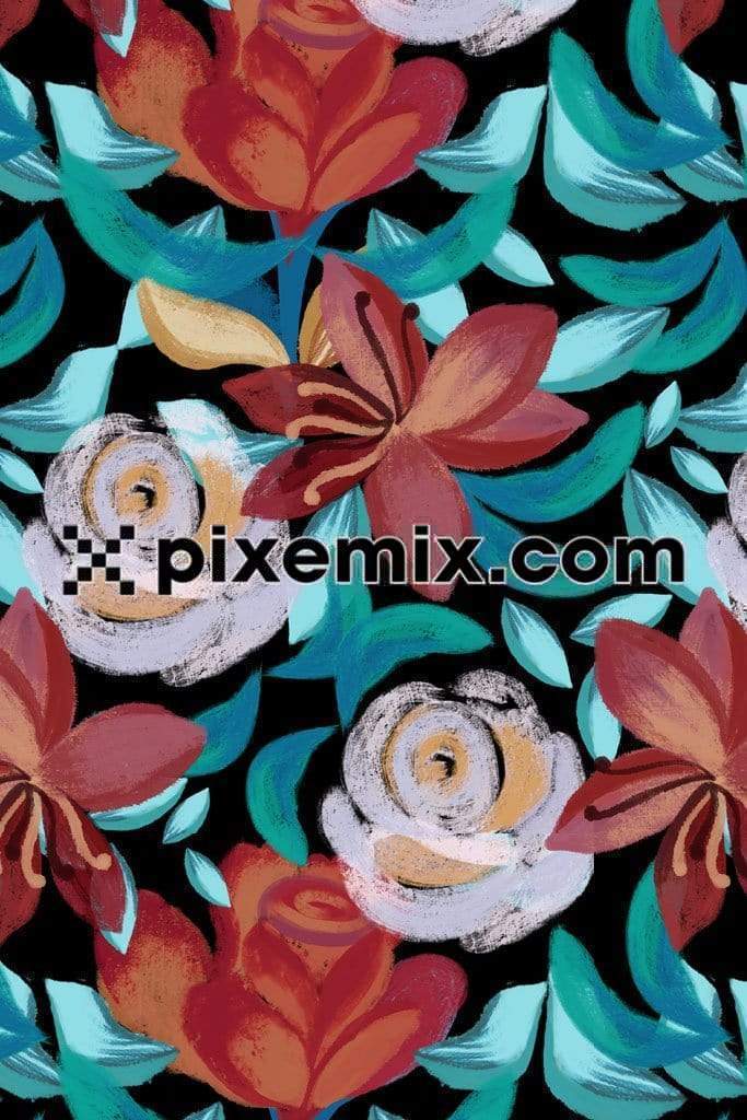 Brush strokes floral art product graphic with seamless repeat pattern