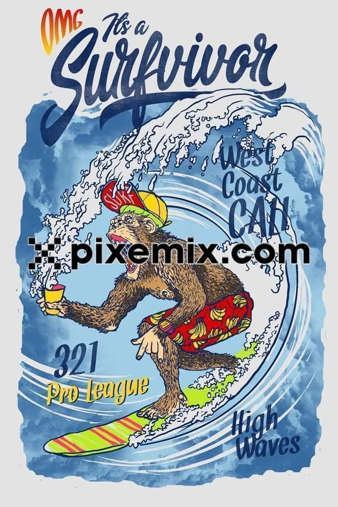 Summer beach inspired cartoon monkey doing surfing product graphic
