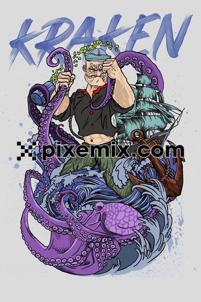 Nautical inspired cartoon popeye killing monster octopus with brushed typography