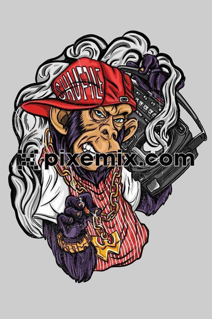 Hip hop music inspired cartoon monkey holding boombox illustration product graphic