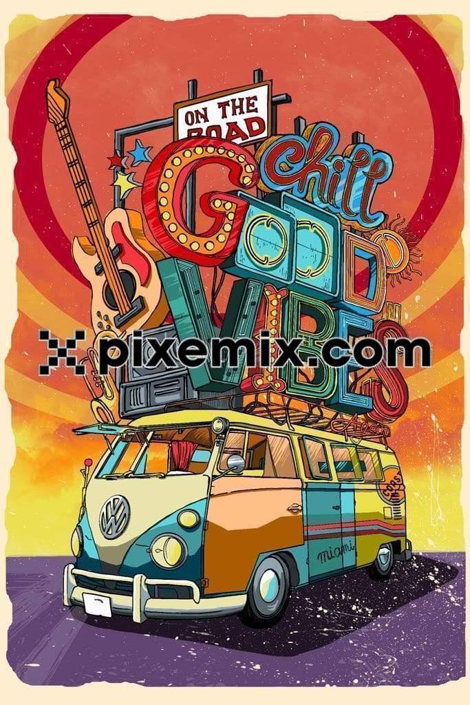 Summer vibes inspired colorful beach van illustration product graphic with typography
