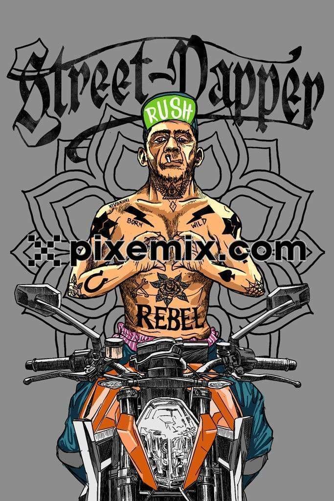 Street inspired tattoed man sitting on motor bike product graphic art with typography