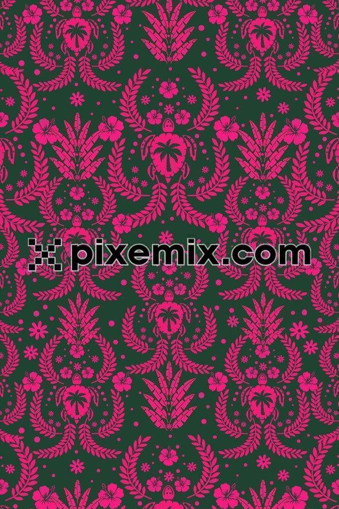 Tropical inspried forals and leaf product graphic with seamless repeat pattern