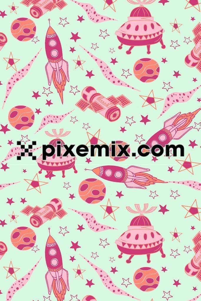 Space inspried UFO and space ship product graphic with seamless repeat pattern