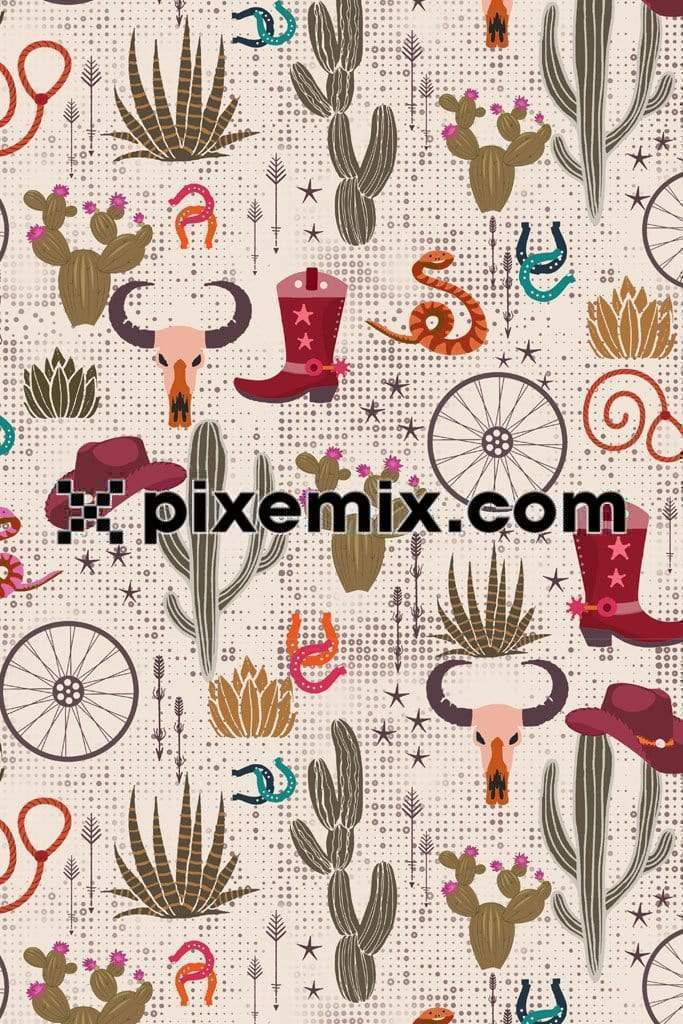 Cactus and desert icon product graphic with seamless repeat pattern