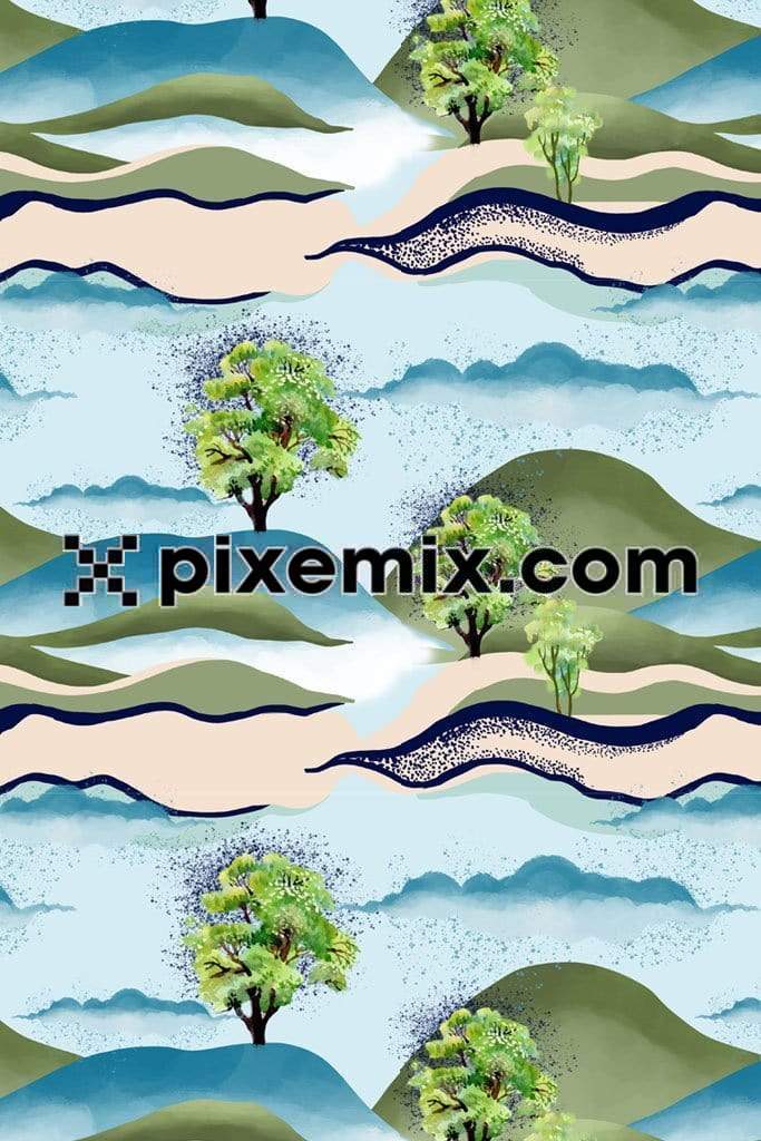 Watercolor mountain landscape product graphic with seamless repeat pattern