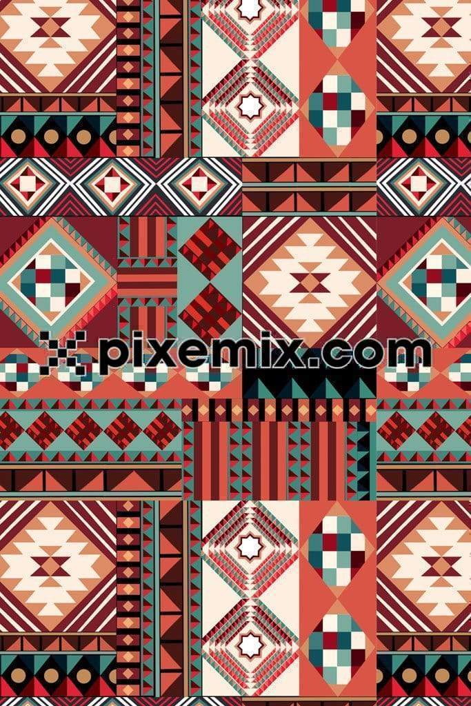 Tribal geometric art product graphic with seamless repeat pattern