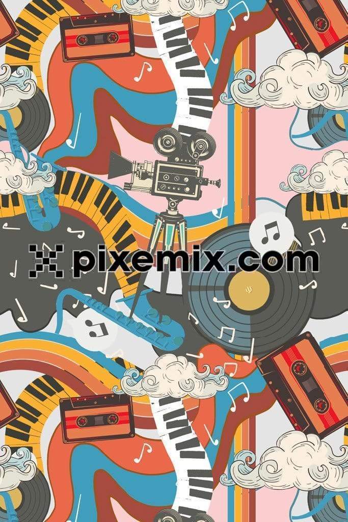 Retro art inspried musical instruments product graphic with seamless repeat pattern