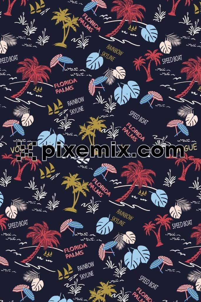 Summer vibes beach holiday and plum tree product graphic with seamless repeat pattern