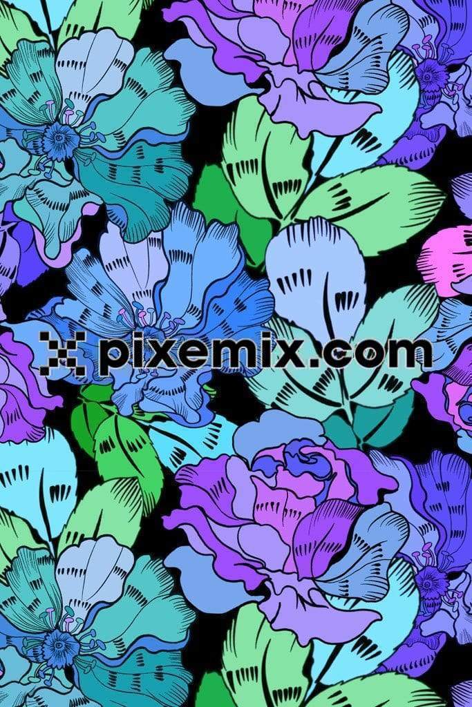 Abstract colorful florals product graphic with seamless repeat pattern
