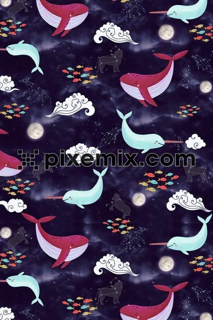 Nautical inspried underwater animal product graphics with seamless repeat pattern