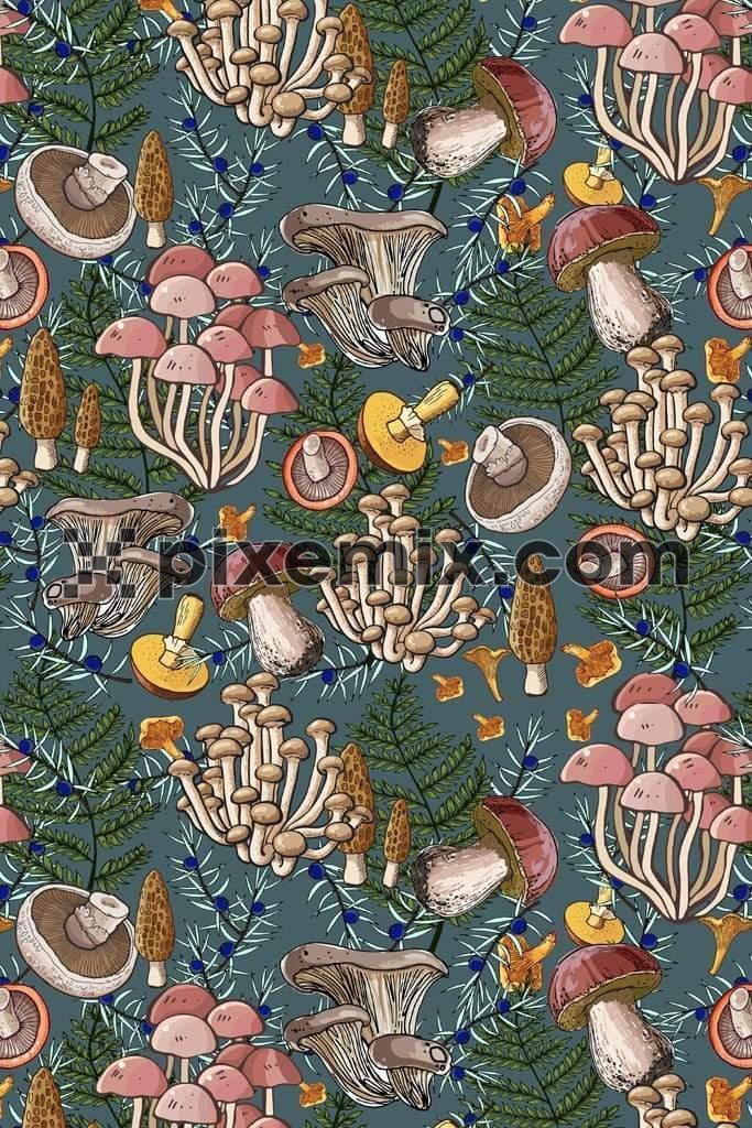 Mushrooms and leafs product graphics with seamless repeat pattern