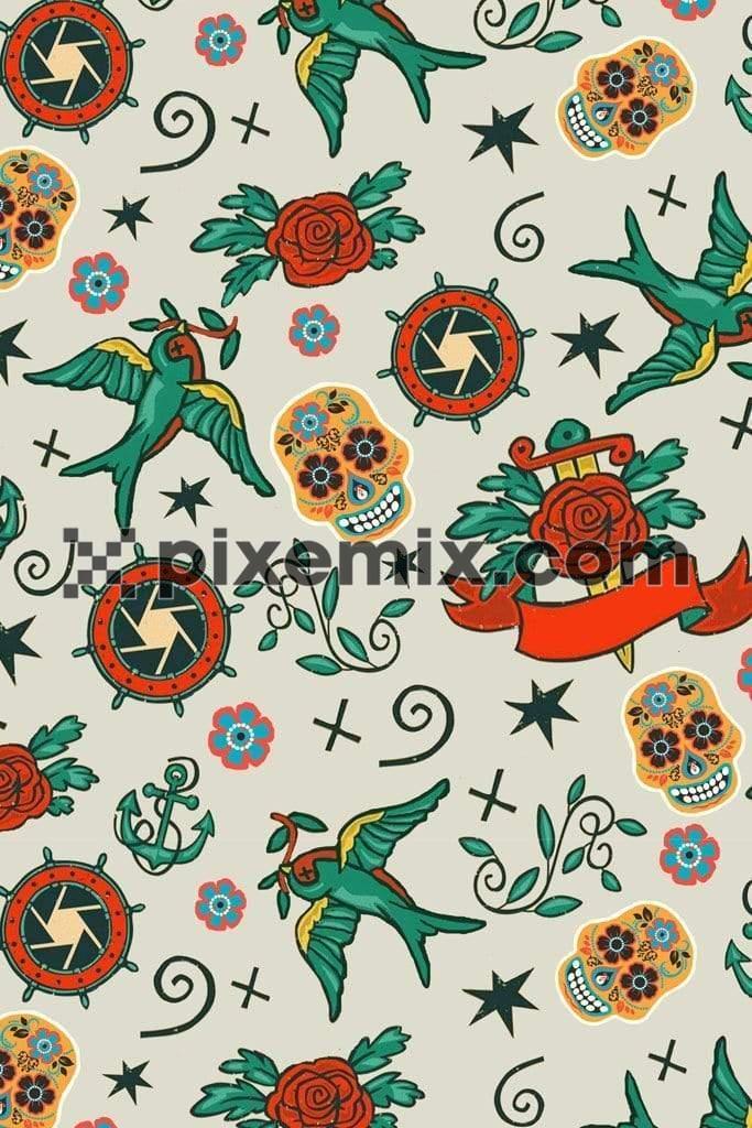 Birds and roses product graphics with seamless repeat pattern