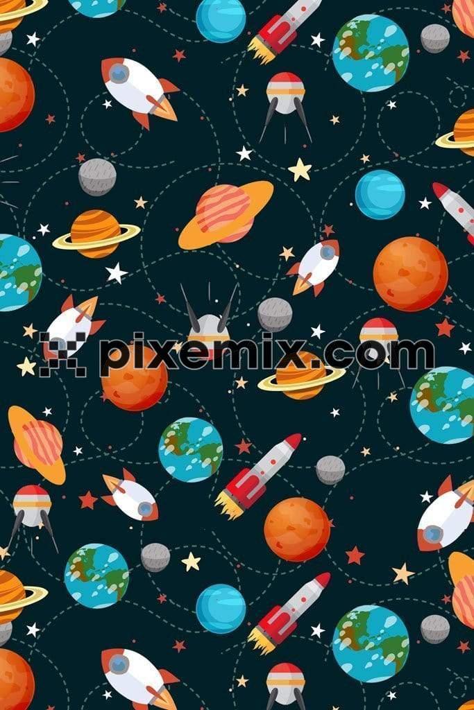 Planet and rocket product graphics with seamless repeat pattern