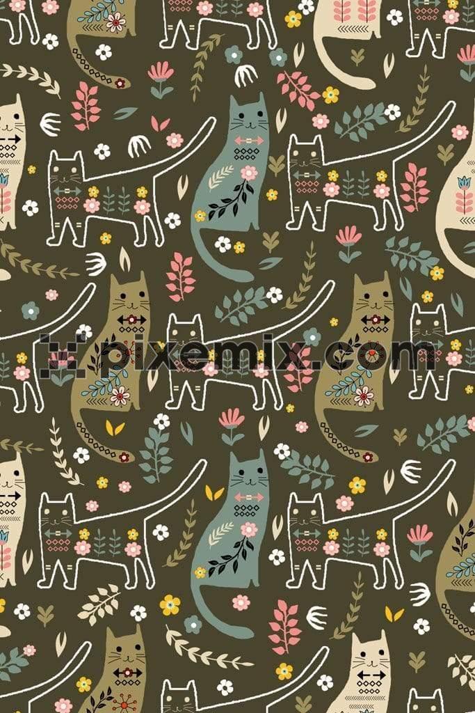 Cat and florals product graphics with seamless repeat pattern