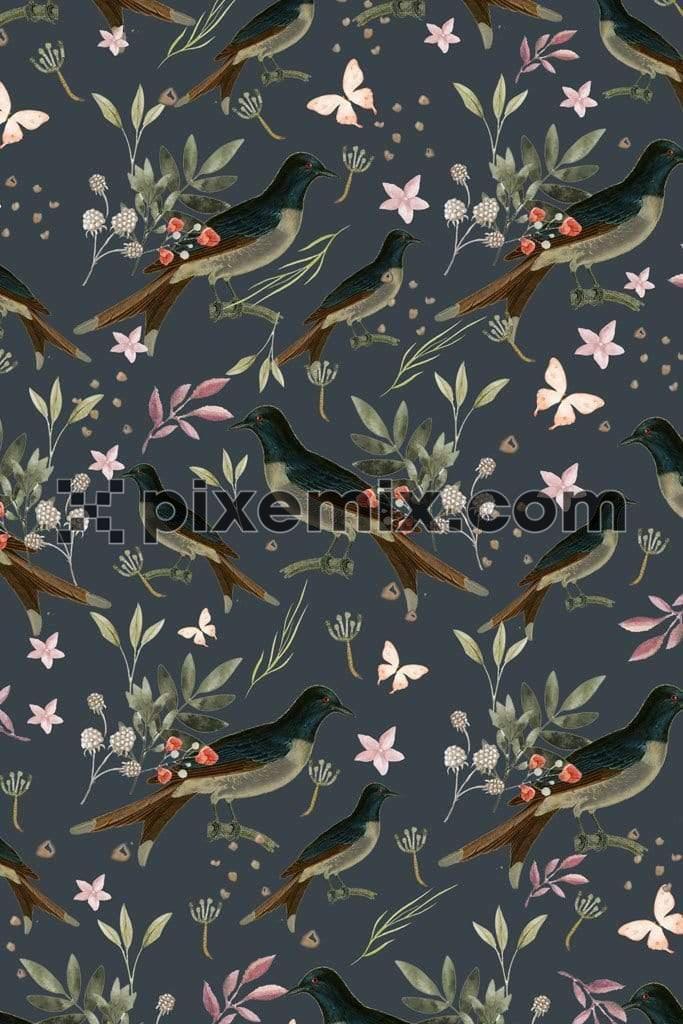 Leaf and birds product graphics with seamless repeat pattern
